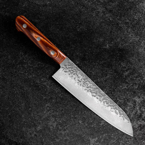 Santoku AUS-10 Tsuchime Damascus Brown Western Handle 180mm (7”)-[Musashi]-[Japanese-Kitchen-Knives]