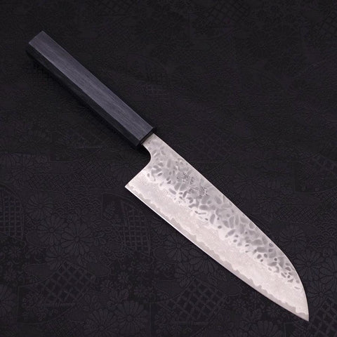 Santoku AUS-10 Tsuchime Damascus Dark-Blue Urushi Handle 165mm (6.5”)-[Musashi]-[Japanese-Kitchen-Knives]