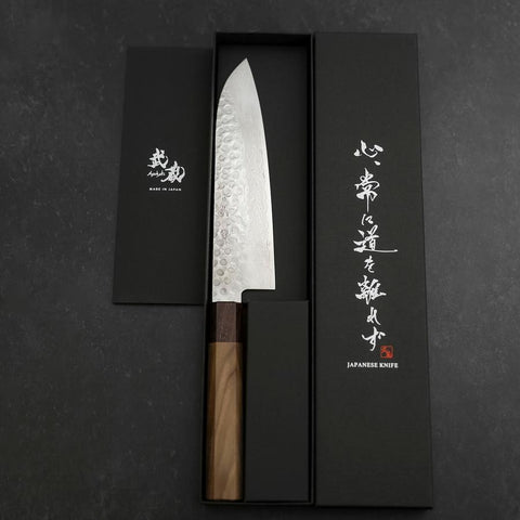 Santoku AUS-10 Tsuchime Damast Rosenholz und Walnussholz Griff 180mm-[Musashi]-[Japan-Küchenmesser]