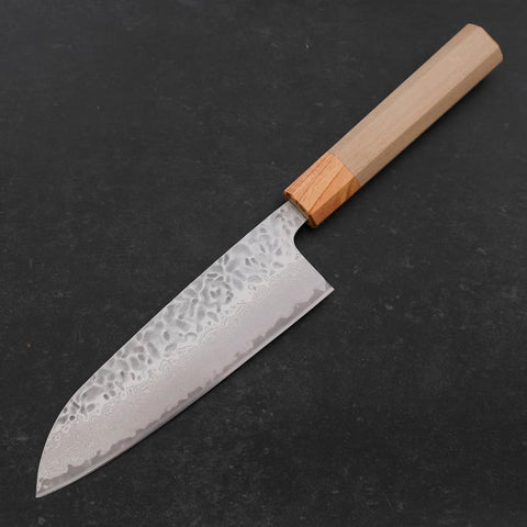 Santoku AUS-10 Tsuchime Damast Zelkove und Magnolienholz Griff 165mm-[Musashi]-[Japan-Küchenmesser]
