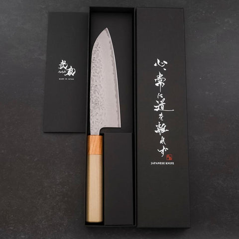 Santoku AUS-10 Tsuchime Damast Zelkove und Magnolienholz Griff 165mm-[Musashi]-[Japan-Küchenmesser]