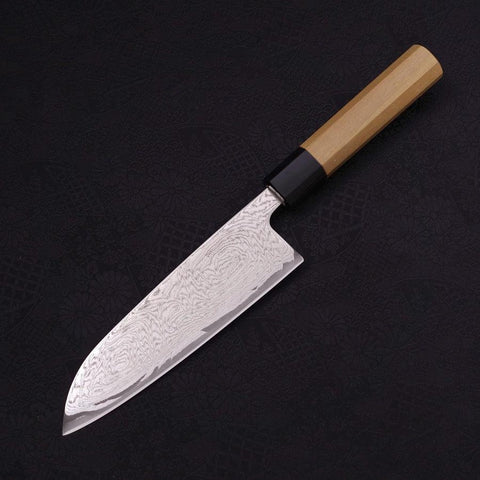 Santoku AUS-10 Wellen-Nickel Damast Büffelhorn und Magnolienholz Griff 165mm-[Musashi]-[Japan-Küchenmesser]