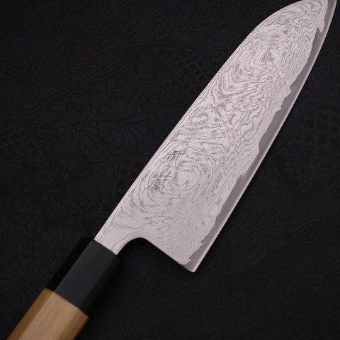 Santoku AUS-10 Wellen-Nickel Damast Büffelhorn und Magnolienholz Griff 165mm-[Musashi]-[Japan-Küchenmesser]