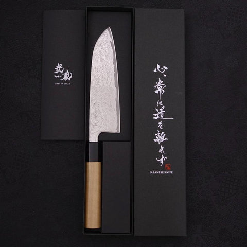 Santoku AUS-10 Wellen-Nickel Damast Büffelhorn und Magnolienholz Griff 165mm-[Musashi]-[Japan-Küchenmesser]