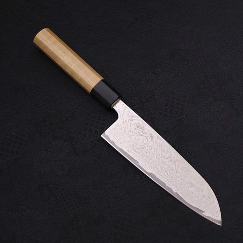 Santoku AUS-10 Wellen-Nickel Damast Büffelhorn und Magnolienholz Griff 165mm-[Musashi]-[Japan-Küchenmesser]