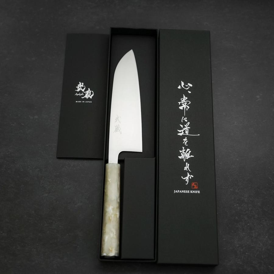 Santoku AUS-8 Poliert Weißer Ozeanplastik Griff 165mm-[Musashi]-[Japan-Küchenmesser]