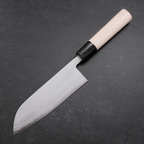 Santoku Aogami-Super Damast Büffelhorn und Magnolienholz Griff 165mm-[Musashi]-[Japan-Küchenmesser]