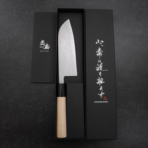 Santoku Aogami-Super Damast Büffelhorn und Magnolienholz Griff 165mm-[Musashi]-[Japan-Küchenmesser]