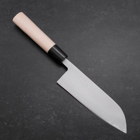 Santoku Aogami-Super Damast Büffelhorn und Magnolienholz Griff 165mm-[Musashi]-[Japan-Küchenmesser]