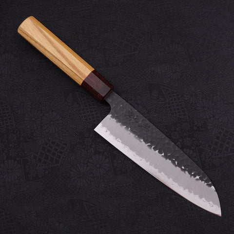 Santoku Aogami-Super Edelstahlummantelung, Kurouchi Tsuchime Japanische Zelkove Griff, 165mm-[Musashi]-[Japan-Küchenmesser]