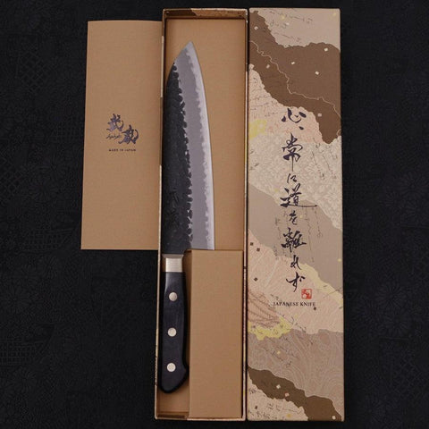 Santoku Aogami-Super Edelstahlummantelung Kurouchi Tsuchime Schwarzer Westlicher Griff 180mm-[Musashi]-[Japan-Küchenmesser]