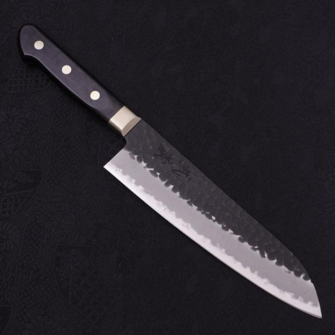 Santoku Aogami-Super Edelstahlummantelung, Kurouchi Tsuchime Westlicher Griff in Schwarz, 180mm-[Musashi]-[Japan-Küchenmesser]