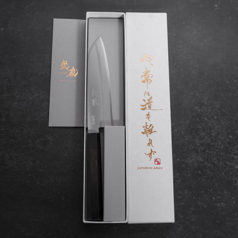 Santoku Aogami-Super Edelstahlummantelung, Poliert Büffelhorn und Ebenholz Griff, 140mm-[Musashi]-[Japan-Küchenmesser]