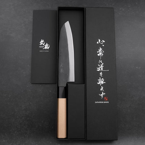 Santoku Blue Steel #1 Edelstahlummantelung Kurouchi Büffelhorn und Magnolienholz Griff 165mm-[Musashi]-[Japan-Küchenmesser]
