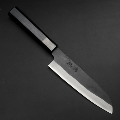 Santoku Blue Steel #1 Edelstahlummantelung Kurouchi Dunkelblauer Urushi Griff 170mm-[Musashi]-[Japan-Küchenmesser]