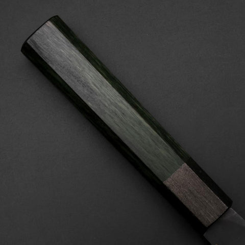 Santoku Blue Steel #1 Edelstahlummantelung Kurouchi Grüner Urushi Griff 170mm-[Musashi]-[Japan-Küchenmesser]
