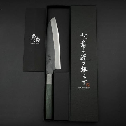 Santoku Blue Steel #1 Edelstahlummantelung Kurouchi Grüner Urushi Griff 170mm-[Musashi]-[Japan-Küchenmesser]