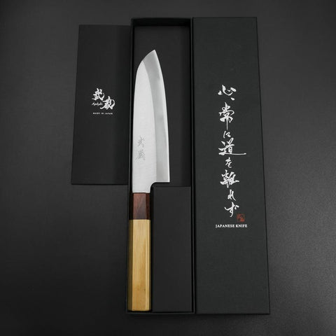 Santoku Blue Steel #1 Edelstahlummantelung Poliert Zelkove Griff 165mm-[Musashi]-[Japan-Küchenmesser]