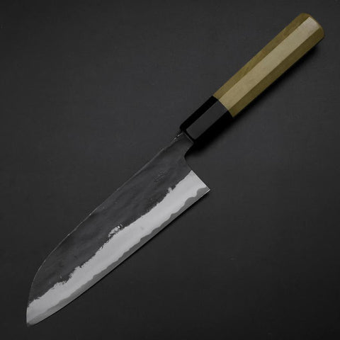 Santoku Blue Steel #1 Kurouchi Büffelhorn und Magnolienholz Griff 165mm-[Musashi]-[Japan-Küchenmesser]