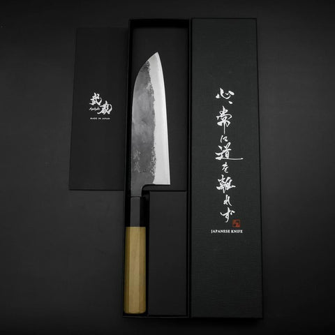 Santoku Blue Steel #1 Kurouchi Büffelhorn und Magnolienholz Griff 165mm-[Musashi]-[Japan-Küchenmesser]