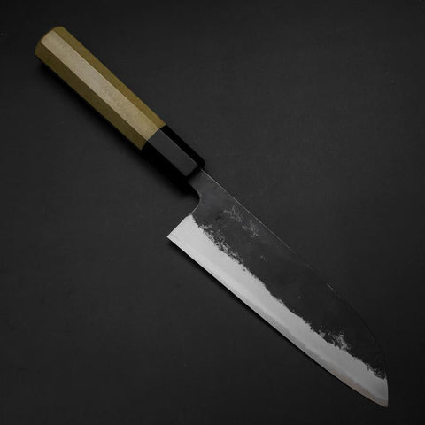 Santoku Blue Steel #1 Kurouchi Büffelhorn und Magnolienholz Griff 165mm-[Musashi]-[Japan-Küchenmesser]