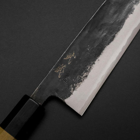 Santoku Blue Steel #1 Kurouchi Büffelhorn und Magnolienholz Griff 165mm-[Musashi]-[Japan-Küchenmesser]