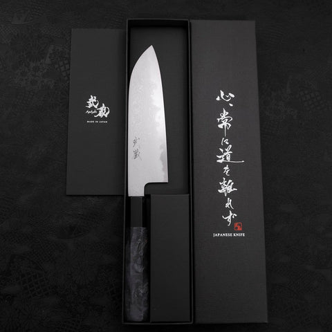 Santoku Blue Steel #1 Suminagashi Blauer Ahornholz Griff 170mm-[Musashi]-[Japan-Küchenmesser]