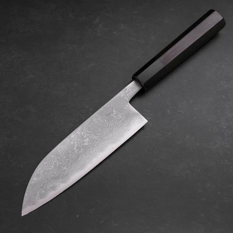 Santoku Blue Steel #2 Damast Büffelhorn und Ebenholz Griff 165mm-[Musashi]-[Japan-Küchenmesser]