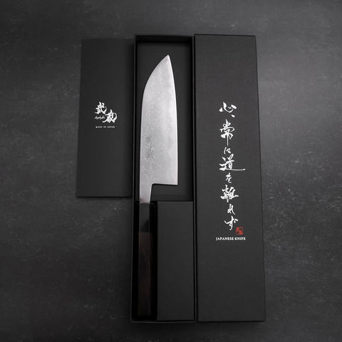 Santoku Blue Steel #2 Damast Büffelhorn und Ebenholz Griff 165mm-[Musashi]-[Japan-Küchenmesser]