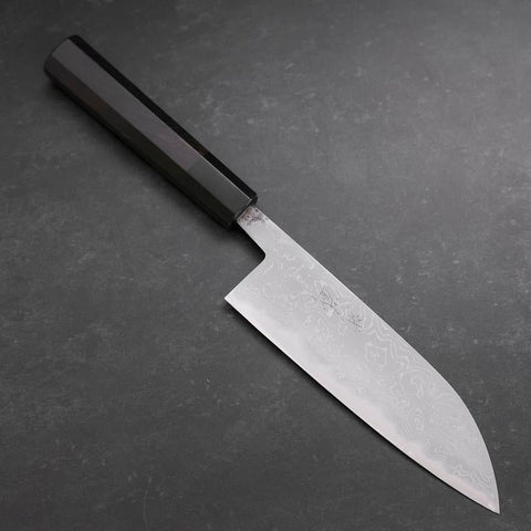 Santoku Blue Steel #2 Damast Büffelhorn und Ebenholz Griff 165mm-[Musashi]-[Japan-Küchenmesser]