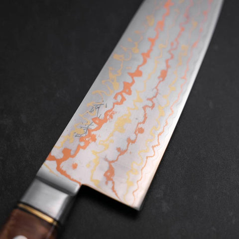 Santoku Blue Steel #2 Edelstahlummantelung Kolorierter Damast Westlicher Quittenholz Griff 180mm-[Musashi]-[Japan-Küchenmesser]