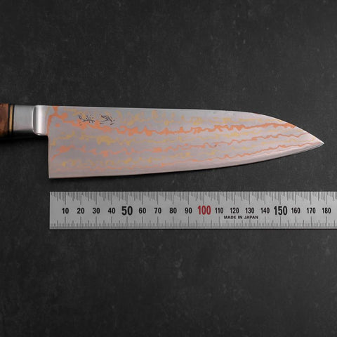 Santoku Blue Steel #2 Edelstahlummantelung Kolorierter Damast Westlicher Quittenholz Griff 180mm-[Musashi]-[Japan-Küchenmesser]