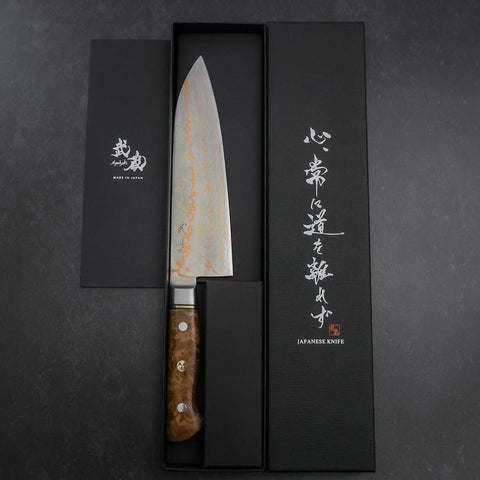 Santoku Blue Steel #2 Edelstahlummantelung Kolorierter Damast Westlicher Quittenholz Griff 180mm-[Musashi]-[Japan-Küchenmesser]