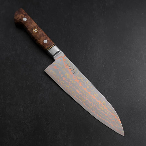 Santoku Blue Steel #2 Edelstahlummantelung Kolorierter Damast Westlicher Quittenholz Griff 180mm-[Musashi]-[Japan-Küchenmesser]