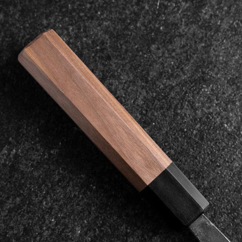 Santoku Blue Steel #2 Edelstahlummantelung Kurouchi Büffelhorn und Walnussholz Griff 165mm-[Musashi]-[Japan-Küchenmesser]