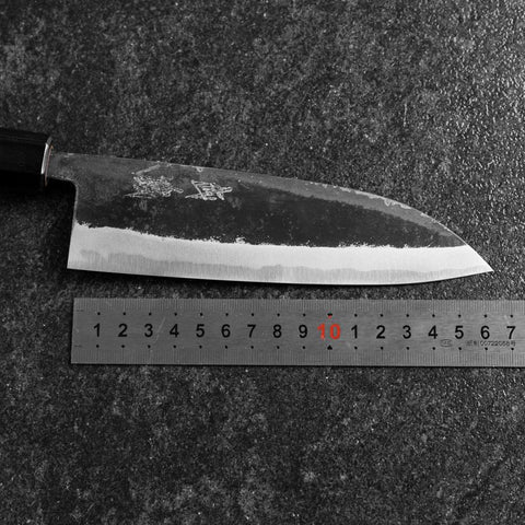 Santoku Blue Steel #2 Edelstahlummantelung Kurouchi Büffelhorn und Walnussholz Griff 165mm-[Musashi]-[Japan-Küchenmesser]