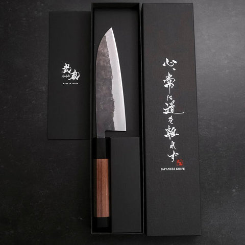 Santoku Blue Steel #2 Edelstahlummantelung Kurouchi Walnuss Griff 165mm-[Musashi]-[Japan-Küchenmesser]