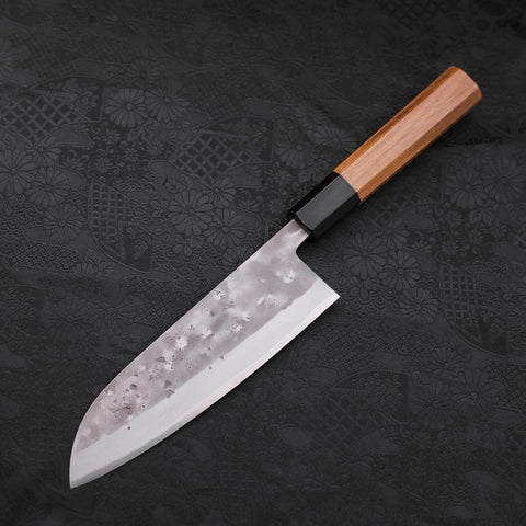 Santoku Blue Steel #2 Edelstahlummantelung Nashiji Büffelhorn und Teakholz Griff 165mm-[Musashi]-[Japan-Küchenmesser]