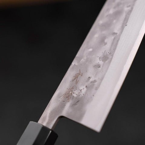 Santoku Blue Steel #2 Edelstahlummantelung Nashiji Büffelhorn und Teakholz Griff 165mm-[Musashi]-[Japan-Küchenmesser]