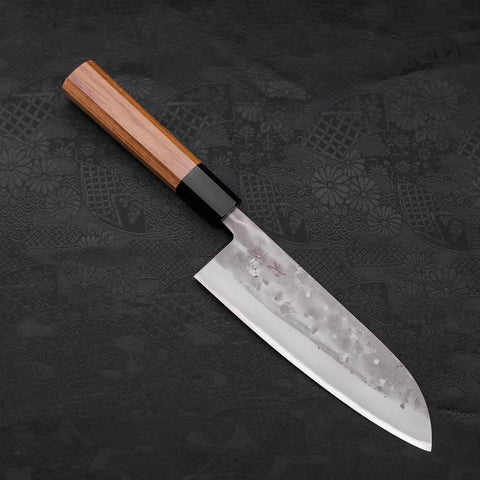 Santoku Blue Steel #2 Edelstahlummantelung Nashiji Büffelhorn und Teakholz Griff 165mm-[Musashi]-[Japan-Küchenmesser]