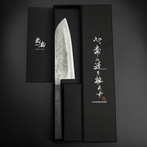 Santoku Blue Steel #2 Edelstahlummantelung Nashiji Dunkelblauer Urushi Griff 165mm-[Musashi]-[Japan-Küchenmesser]