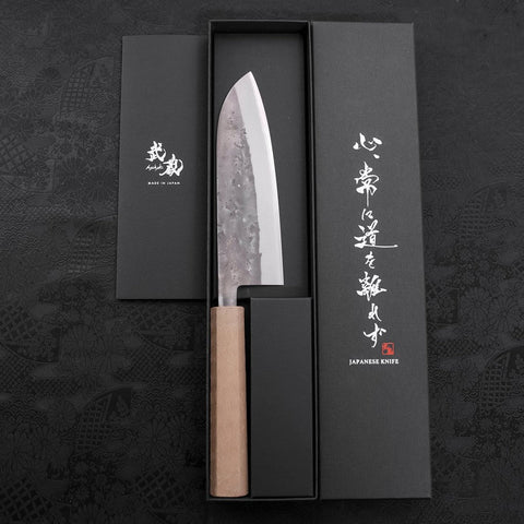 Santoku Blue Steel #2 Edelstahlummantelung Nashiji Weißer Ishime Griff 165mm-[Musashi]-[Japan-Küchenmesser]