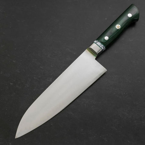 Santoku Blue Steel #2 Edelstahlummantelung Poliert Grüner Micarta Griff mit Türkis Inlay 180mm-[Musashi]-[Japan-Küchenmesser]