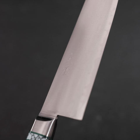 Santoku Blue Steel #2 Edelstahlummantelung Poliert Grüner Micarta Griff mit Türkis Inlay 180mm-[Musashi]-[Japan-Küchenmesser]