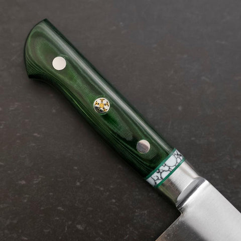 Santoku Blue Steel #2 Edelstahlummantelung Poliert Grüner Micarta Griff mit Türkis Inlay 180mm-[Musashi]-[Japan-Küchenmesser]