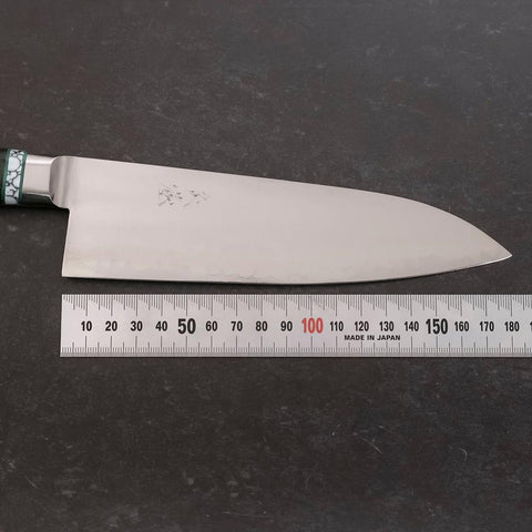 Santoku Blue Steel #2 Edelstahlummantelung Poliert Grüner Micarta Griff mit Türkis Inlay 180mm-[Musashi]-[Japan-Küchenmesser]
