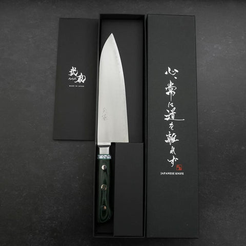 Santoku Blue Steel #2 Edelstahlummantelung Poliert Grüner Micarta Griff mit Türkis Inlay 180mm-[Musashi]-[Japan-Küchenmesser]