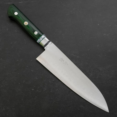 Santoku Blue Steel #2 Edelstahlummantelung Poliert Grüner Micarta Griff mit Türkis Inlay 180mm-[Musashi]-[Japan-Küchenmesser]