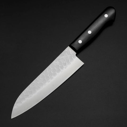 Santoku Blue Steel #2 Edelstahlummantelung Tsuchime Schwarzer Westlicher Griff 165mm-[Musashi]-[Japan-Küchenmesser]