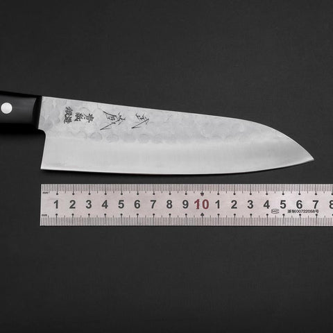 Santoku Blue Steel #2 Edelstahlummantelung Tsuchime Schwarzer Westlicher Griff 165mm-[Musashi]-[Japan-Küchenmesser]